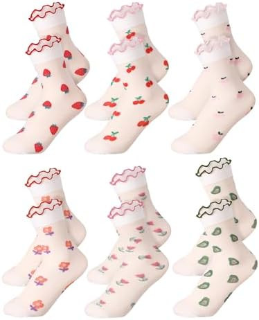 6 Pairs Little Girl Sheer Socks Cute Ruffle Fruit Kids Lace Crew Frilly Dress Socks for Summer 4-... | Amazon (US)