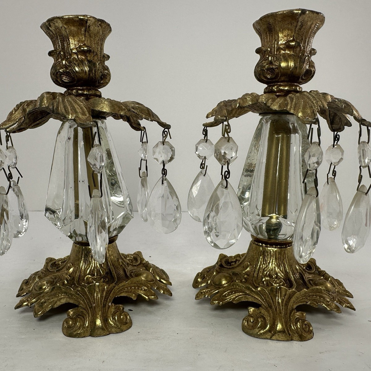 2 Vtg L&L WMC Hollywood Regency Brass/Glass Prism Candlestick Holders 1973 6.5" | eBay US