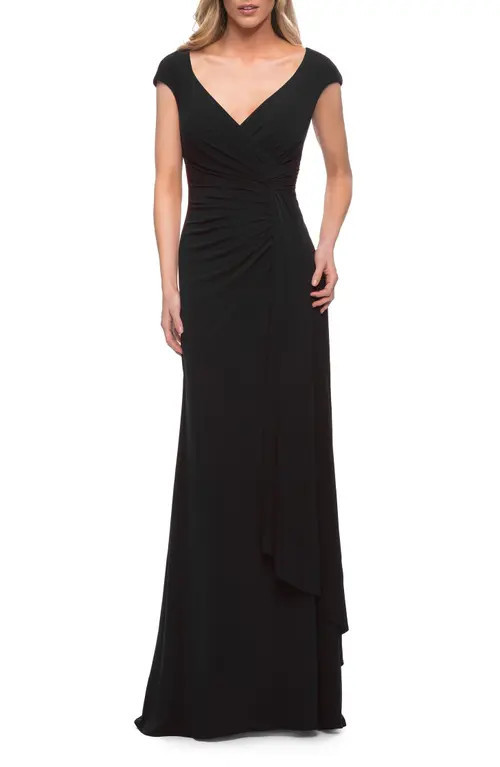 La Femme Jersey Dress with Knot at Waist and Short Sleeves in Black at Nordstrom, Size 16 | Nordstrom