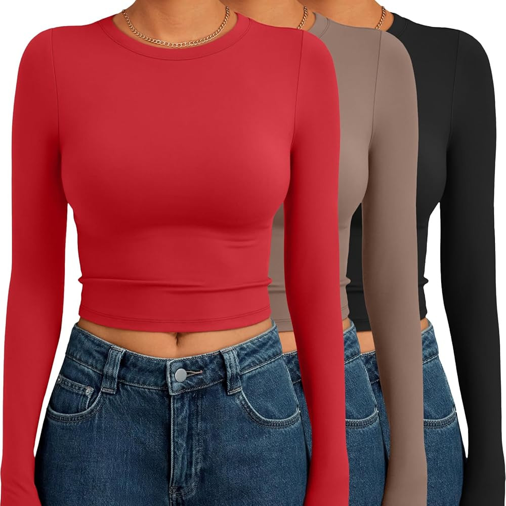 AUTOMET 3 Pack Womens Long Sleeve Shirts Y2K Going Out Crop Tops Cute Basic Slim Fitted Fall Fash... | Amazon (US)