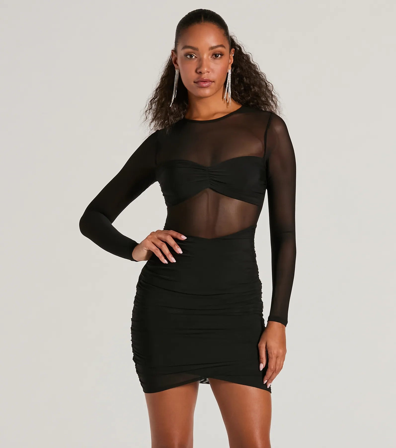 Major VIP Long Sleeve Sheer Mesh Bodycon Mini Dress | Windsor Stores