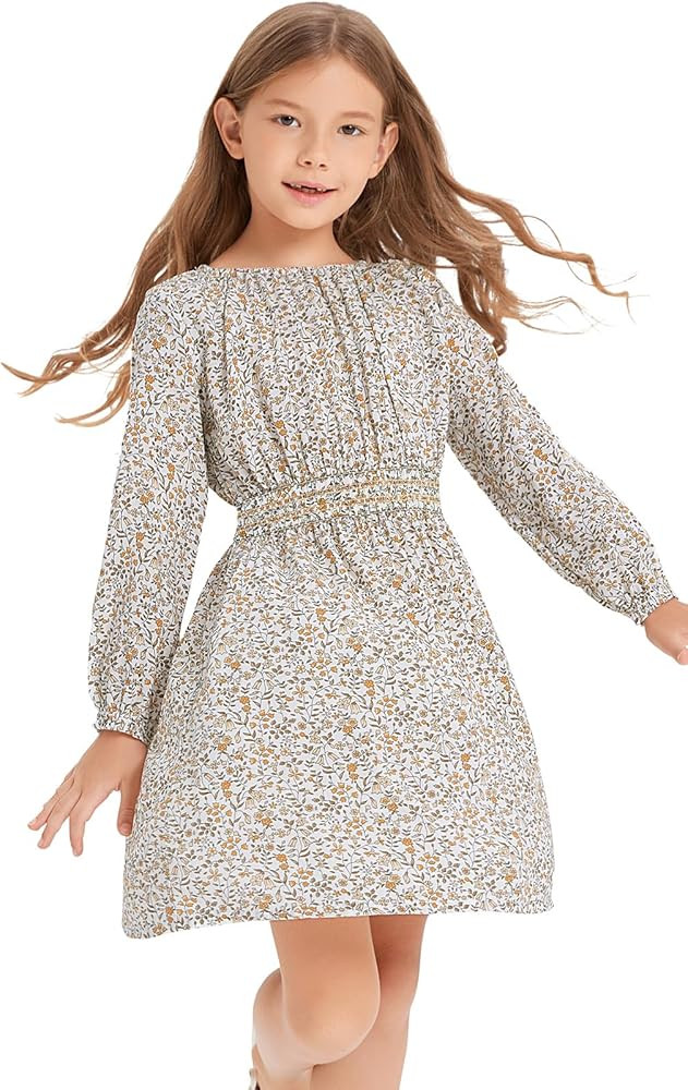 Girls Floral Smocked Waist Dress Church Holiday Playwear Soft Midi Dress with Pockets | Amazon (US)