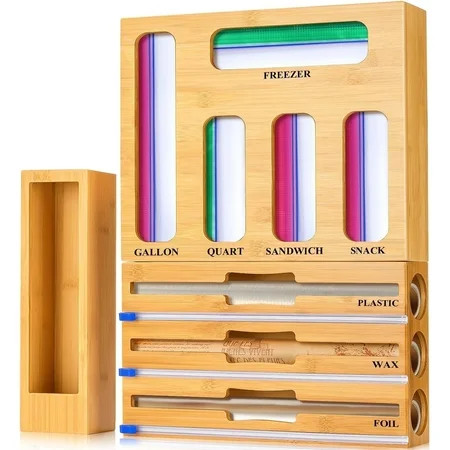 9 in 1 Kitchen Bag Storage Organizer, AOKIWO Bamboo Ziplock Foil and Plastic Wrap Organizers with Cutter for Kitchen Drawer, Compatible Gallon, Quart, Sandwich Snack Size | Walmart (US)