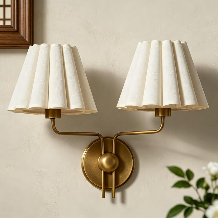 Modern Ivory Linen Pleated Double Sconce, 17" W x 13" H Luxury Slender Gooseneck Arm Wall Sconce with Aged Brass Finish, Elegant Light Fixture for Bedroom, Entrance, Living Room, 2-Light E26 Base | Amazon (US)