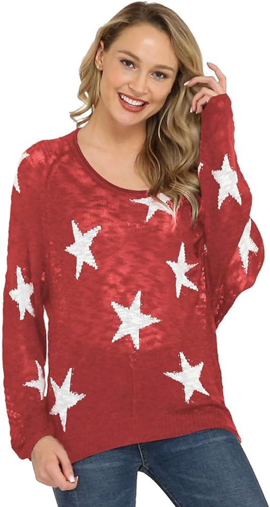 Pink Queen Womens Loose Star Sweater Long Batwing Sleeve V Neck Knitted Pullover Tops | Amazon (US)
