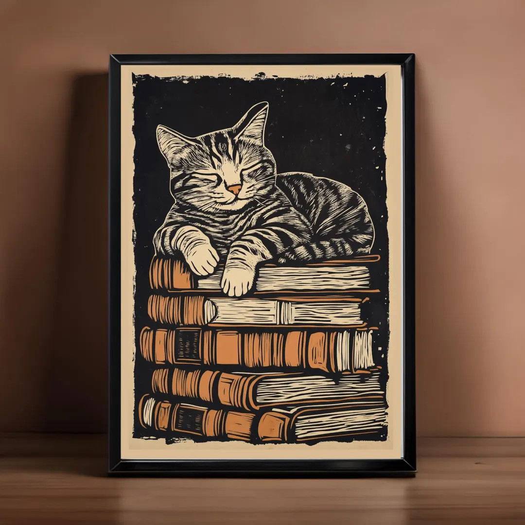 Cat Sleeping on Books Print Wall Decor Art Poster Hanging - Etsy | Etsy (US)