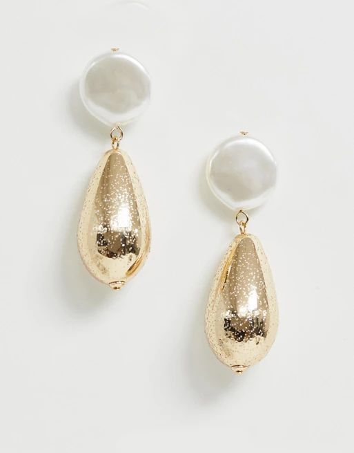 ASOS DESIGN earrings with worn metal drop and faux freshwater pearl in gold | ASOS US
