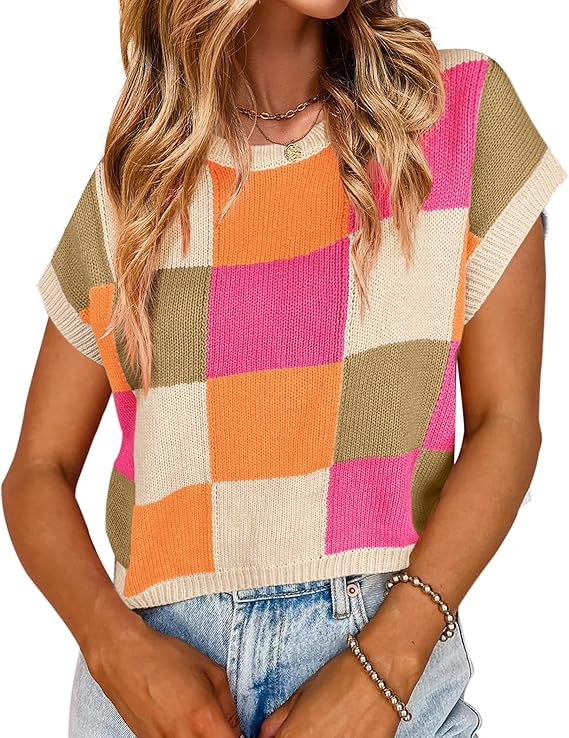 Women's Knit Crop Top - Checkered Cute Sweater, Cap Sleeve, Crew Neck | Trendy Casual Short Sleev... | Amazon (US)