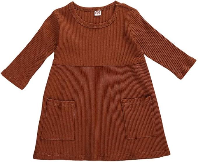 Toddler Baby Girl Knit Sweater Dress Kids Solid Color Ribbed Ruffle Long Sleeve Dresses Top Fall ... | Amazon (US)