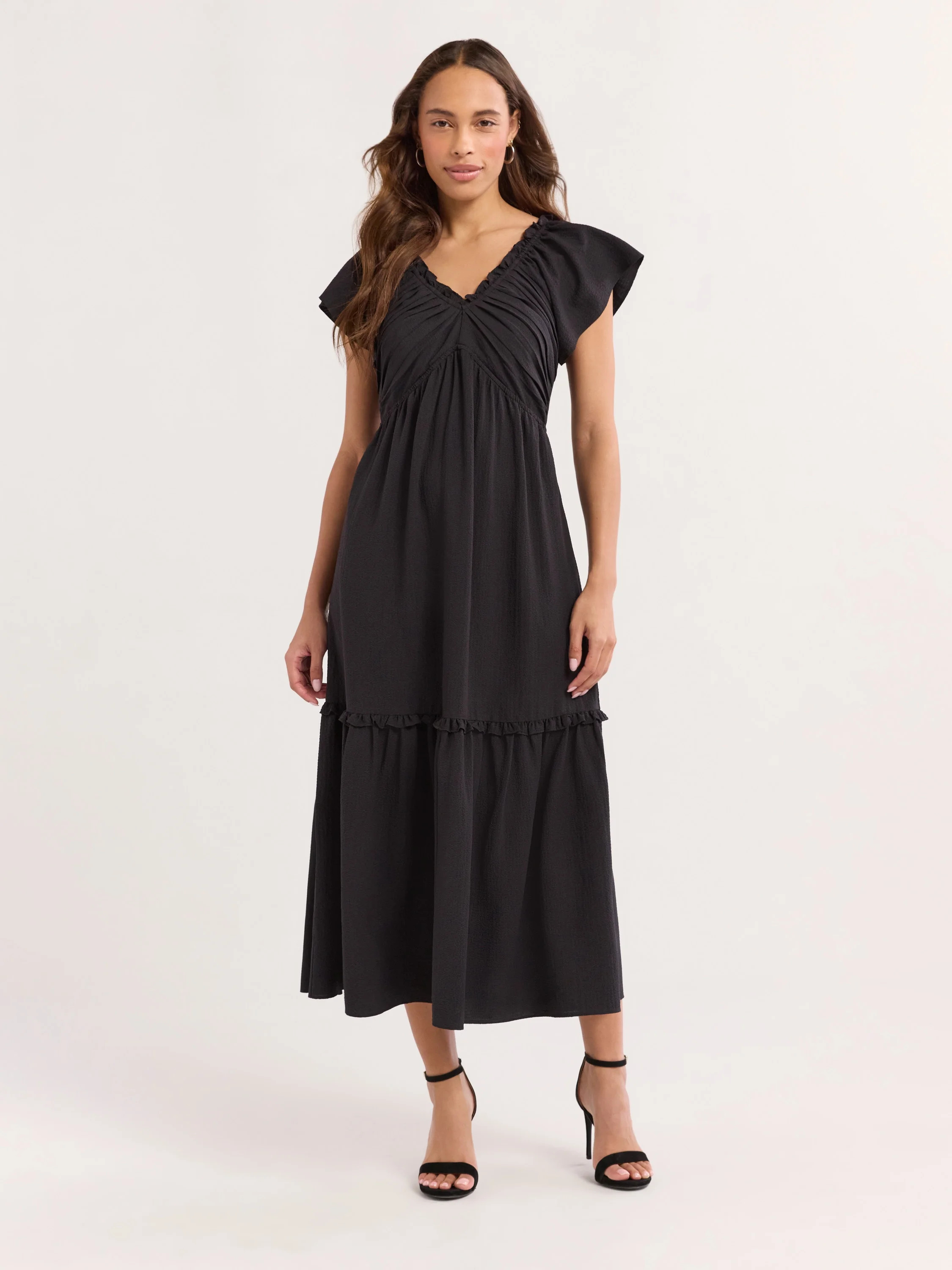 Sofia Jeans Women's and Women's Plus V Neck Dress with Flutter Sleeves, Below Calf Length, Sizes ... | Walmart (US)