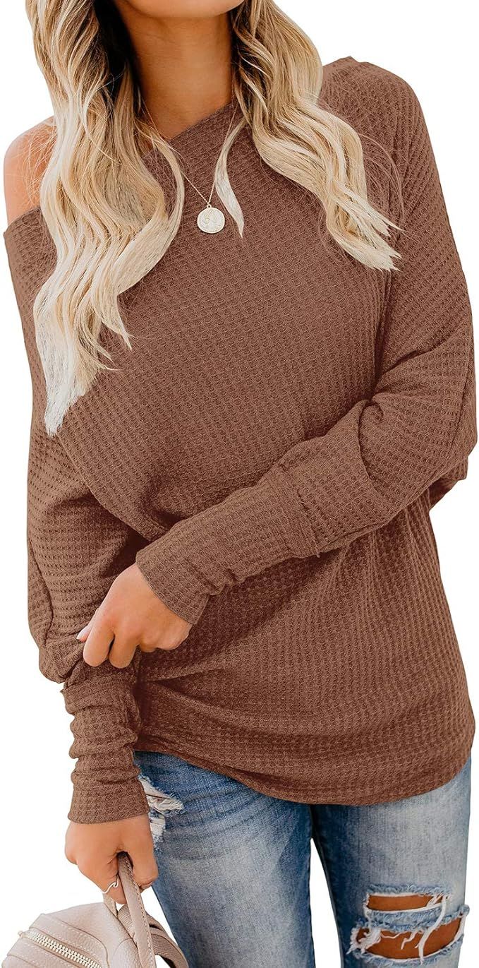 Dressmine Women's Off Shoulder Oversized Pullover Sweater Waffle Knit Long Sleeve Shirt Tunic Top | Amazon (US)