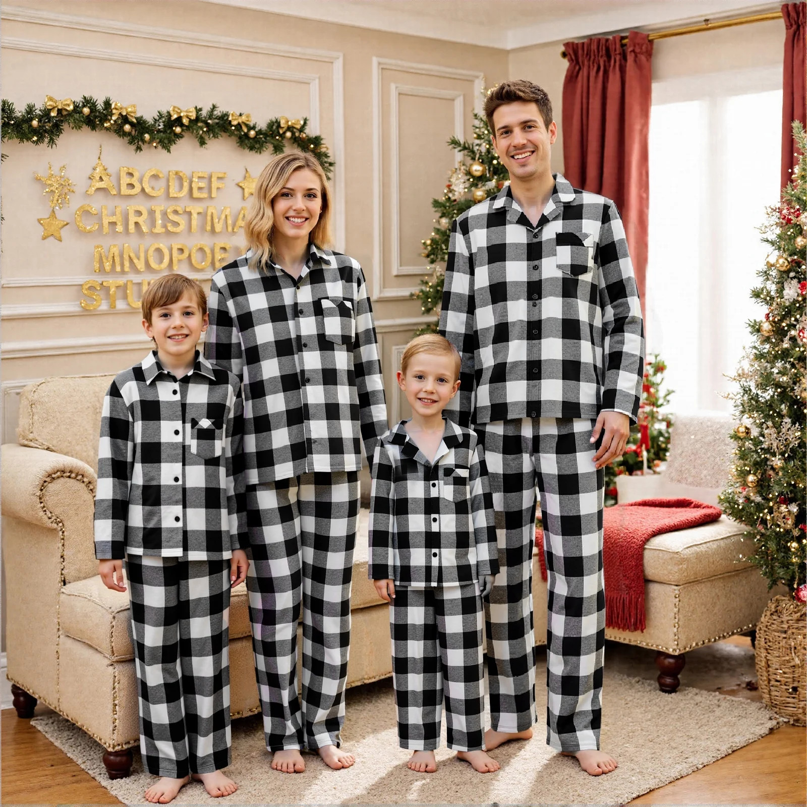 AceBaby Christmas Family Pajamas Matching Set, Long Sleeve Shirt with Pants Black Plaid Sleepwear... | Walmart (US)