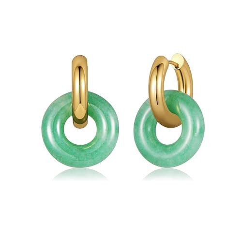 URPINK Gold Huggie Hoop Earrings for Women - Hypoallergenic Stainless Steel Green Jade Aventurine Stone Dangle Huggie Hoops, Stylish Daily & Office Commute Jewelry | Amazon (US)