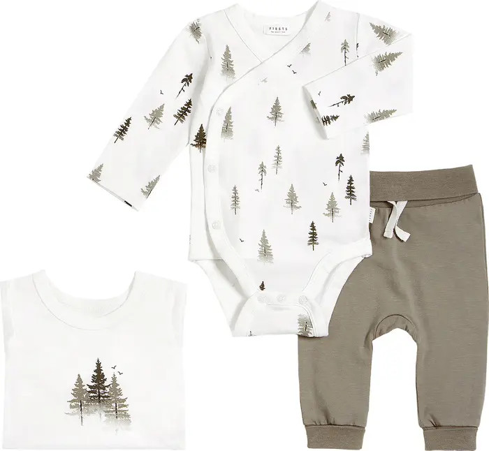 Conifer Print Stretch Organic Cotton 3-Piece Bodysuits & Pants Set | Nordstrom