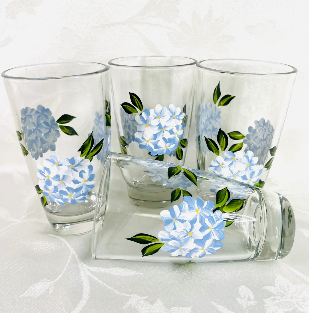 Beverage Glasses, Drinking Glasses, Hand Painted, Blue Hydrangeas, Gift - Etsy | Etsy (US)