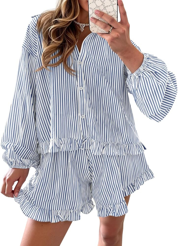 Fisoew Womens Stripe 2 Piece Lounge Sets Button Down Ruffle Shirts Shorts Sets Casual Oversized P... | Amazon (US)