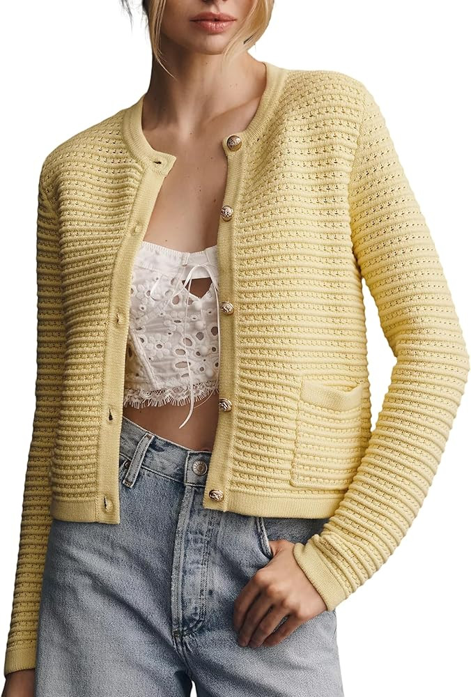 Womens Fall Cardigan Sweater Casual Open Front Long Sleeve Button Down Crochet Knit Tops with Poc... | Amazon (US)