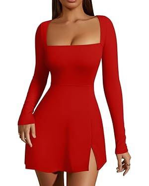 HYZ Women's Sexy Square Neck Long Sleeve Side Slit Flare Party Mini Dress | Amazon (US)