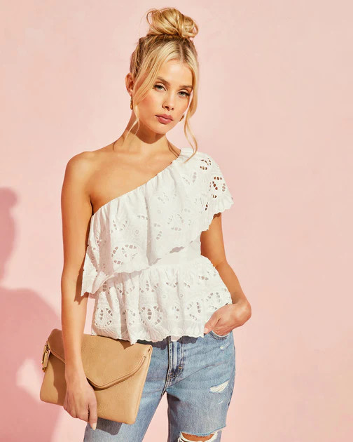 Casey Cotton Eyelet One Shoulder Top - White | VICI