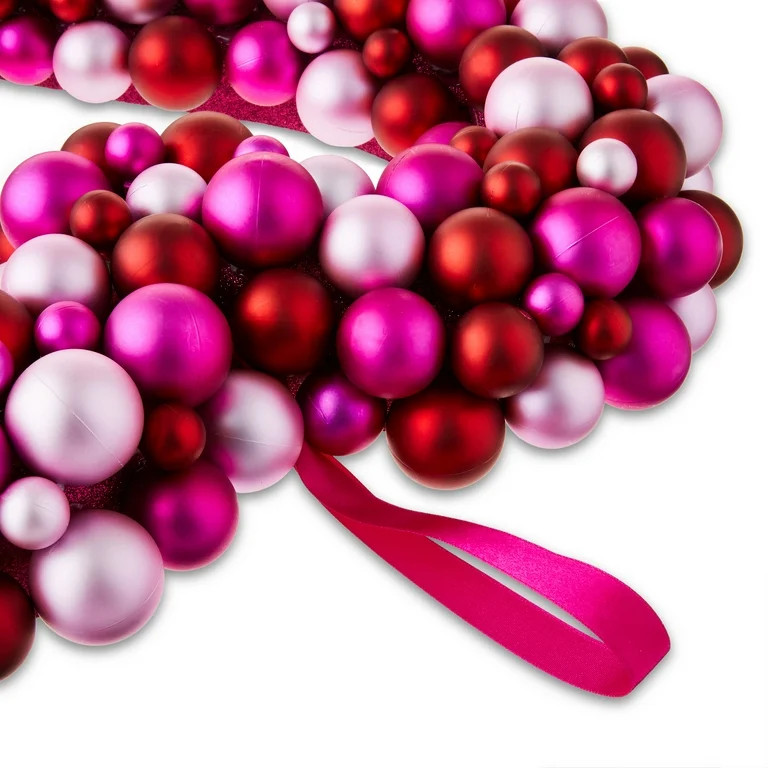 Valentine's Day Red and Pink Shatterproof Ball Heart Wreath, 17 in, by Way To Celebrate | Walmart (US)