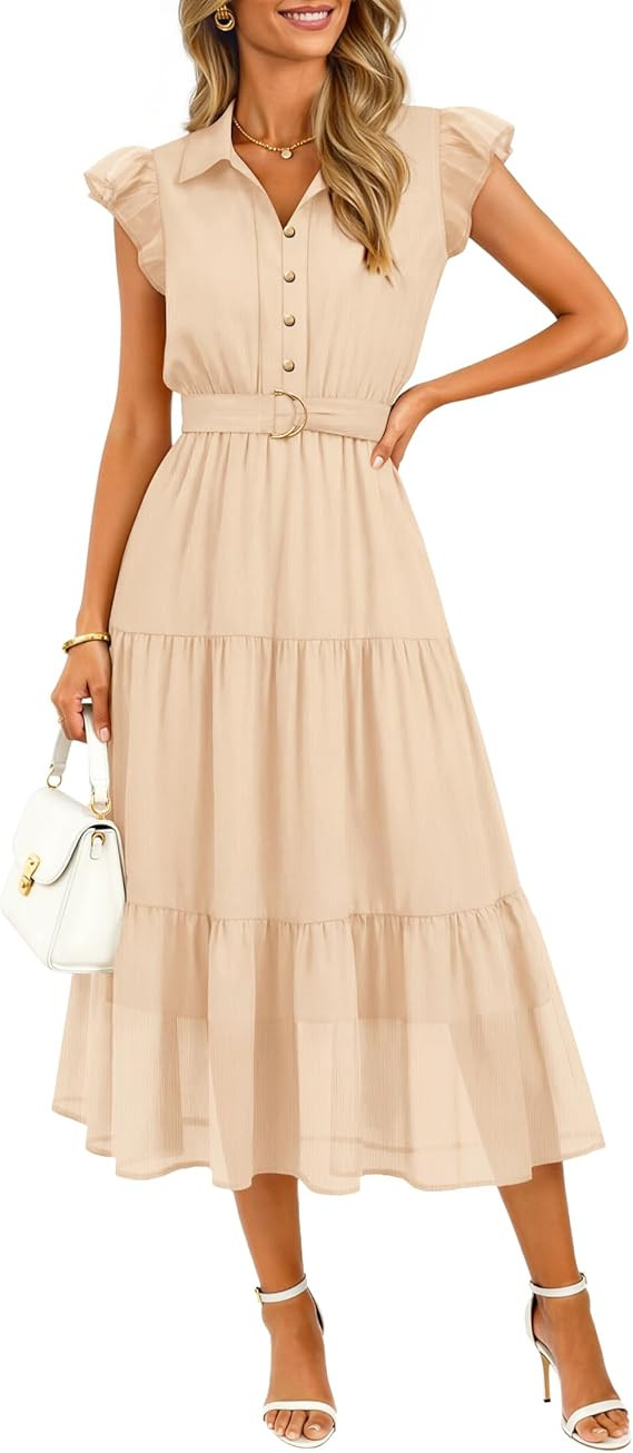 ZESICA Women's Summer Floral Midi Dress 2026 Casual Flutter Short Sleeve Chiffon Button Down Wedd... | Amazon (US)