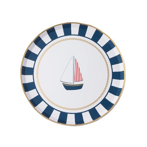 Bonjour Fête Set Sail Small Plates | Nautical Paper Plates, Dessert Plates Disposable, Coastal Party Decor, 4th of July | Sailboat Design, Navy Striped Border | 8 Count, 8” | Amazon (US)