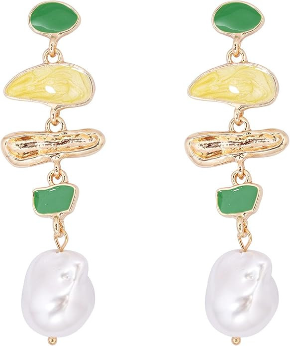 Long Pearl Drop Earrings for Women,Vintage Statement Baroque Pearl Earrings Colored Glaze Enamel ... | Amazon (US)