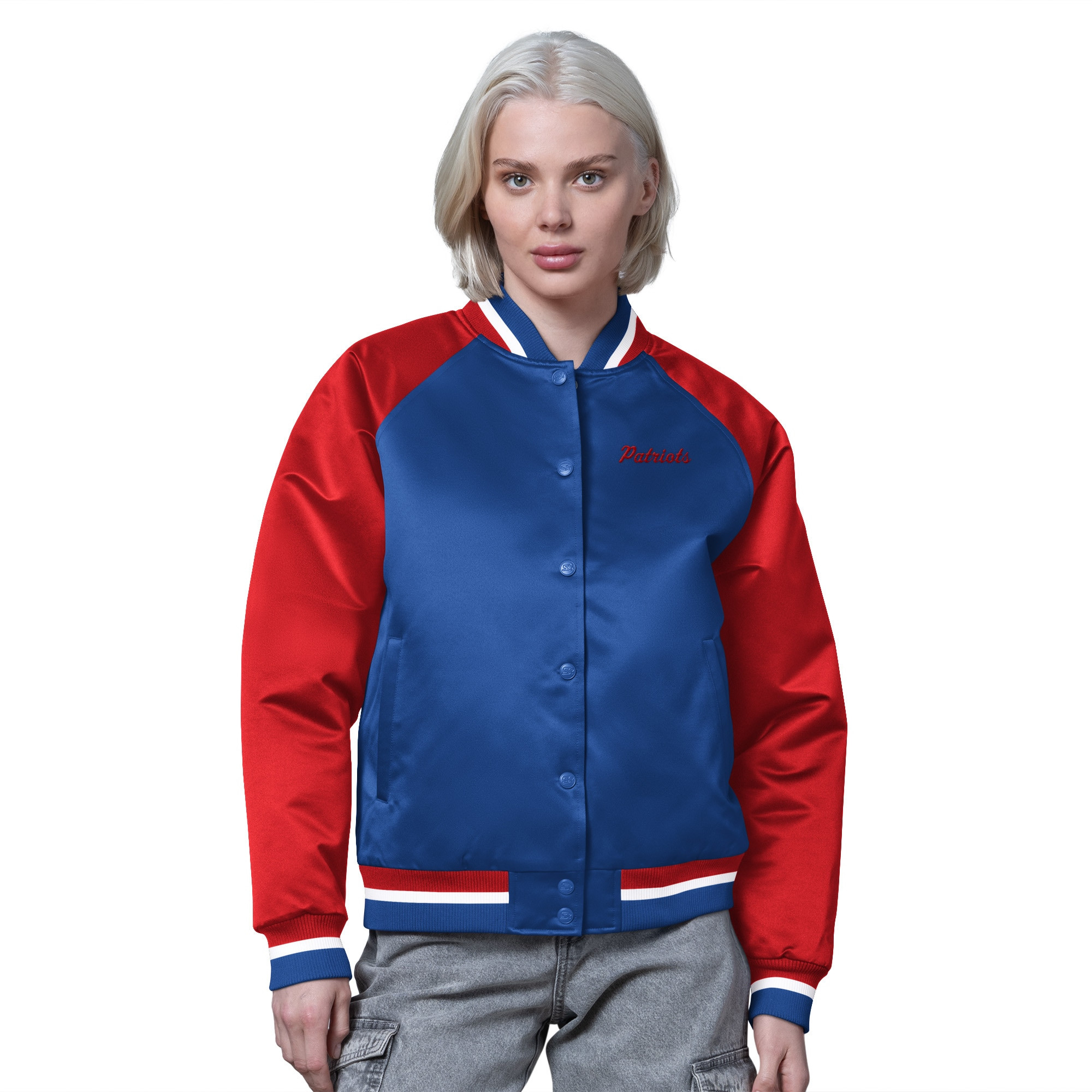 Women's New England Patriots Starter Royal/Red Satin Full-Snap Vintage Varsity Jacket | NFL Shop