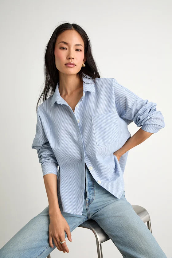 Amelia Dawn Blue Striped Long Sleeve Button-Up Top | Lulus