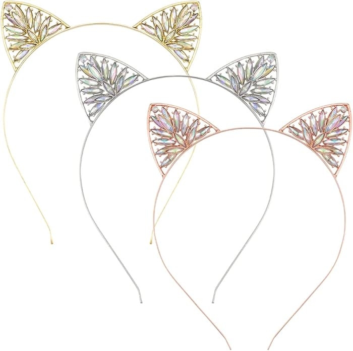 NODG 3 Pieces Crystal Cat Ears Headbands Rhinestone Cat Ear Tiaras for Women Gold Hair Hoop Women... | Amazon (US)