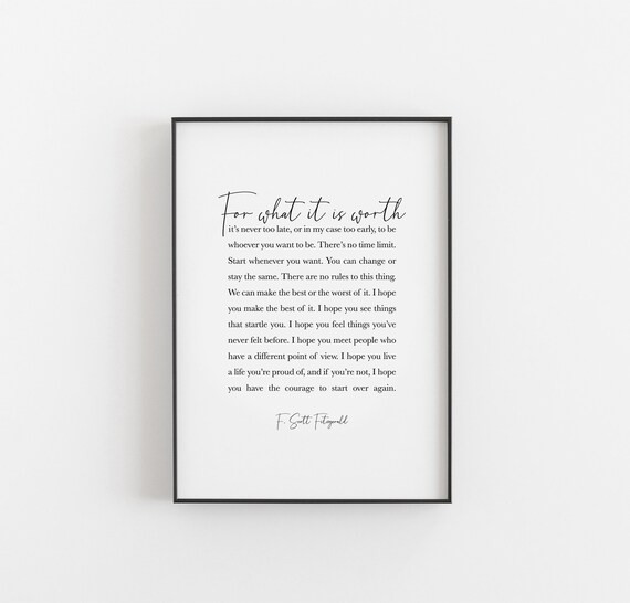 For what it's worth quote, F. Scott Fitzgerald quote print, graduation gift, literary posters, li... | Etsy (US)