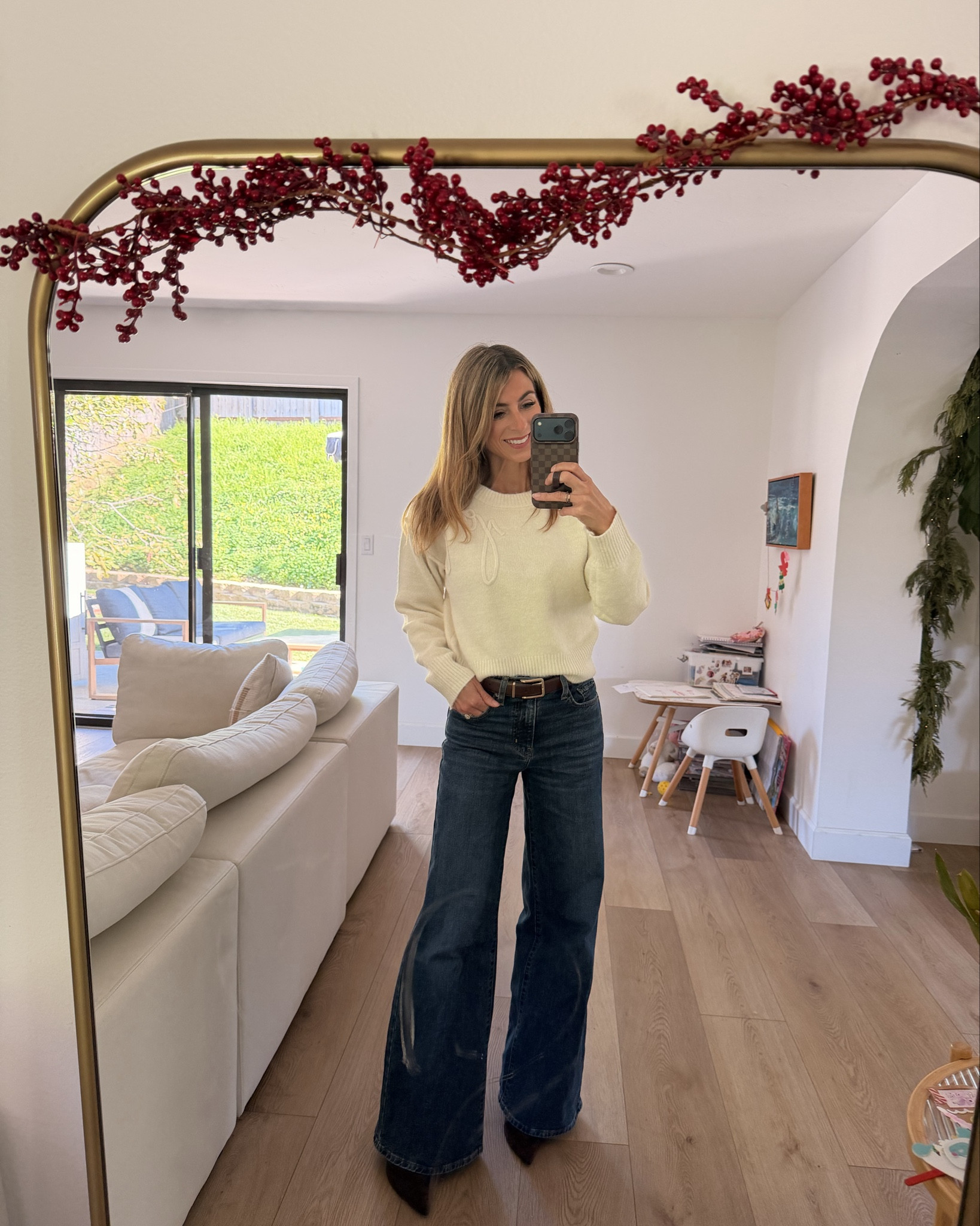 Gorgeous cream sweater that says joy, gorgeous!! Affordable & beautiful. High rise wide leg denim jeans. Levi’s under $60 brown boots, brown belt, holiday outfit, Christmas Eve outfit, festive outfit, target sweater, joy sweater.

#LTKHoliday #LTKOver40 #LTKootd