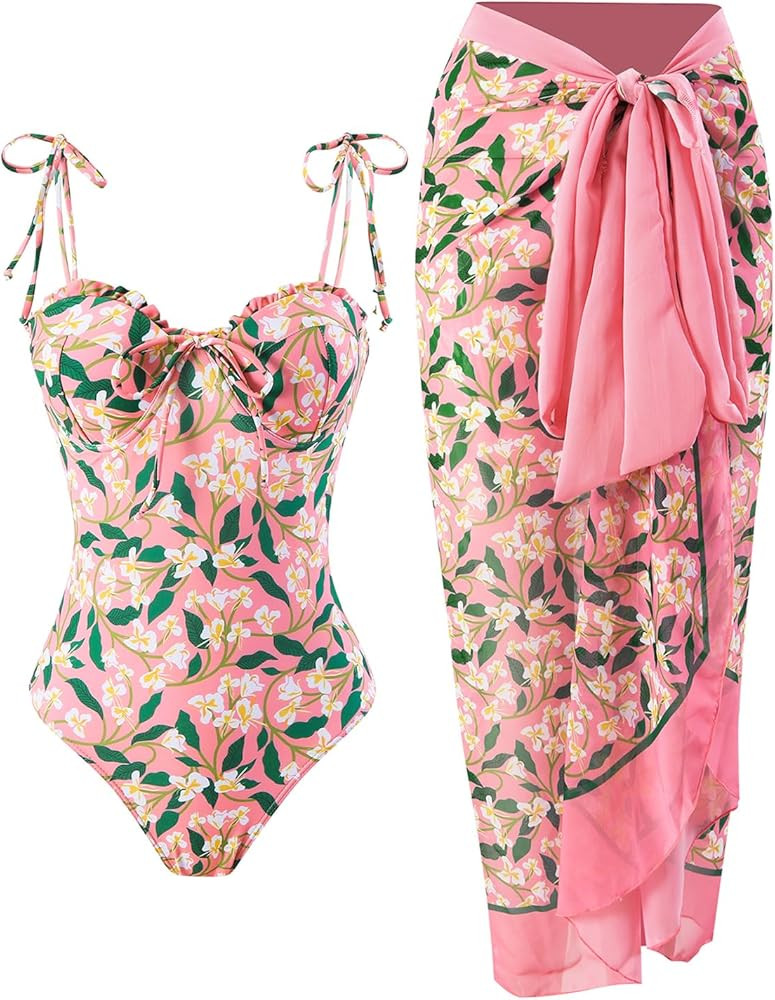Womens One Piece Swimsuit with Cover Up Sarong Wrap Floral Bathing Suits 1 Piece Swim Suit with B... | Amazon (US)