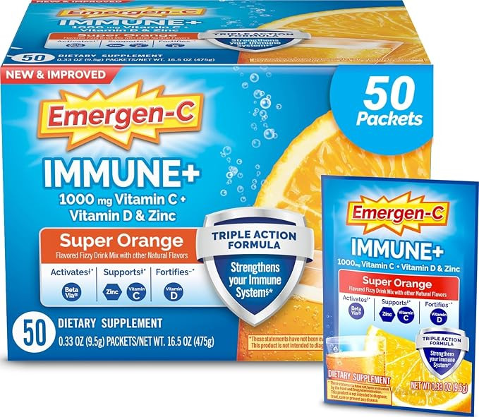 Emergen-C Immune+ Triple Action Immune Support Powder, Super Orange, 50 ct | BetaVia Triple Actio... | Amazon (US)