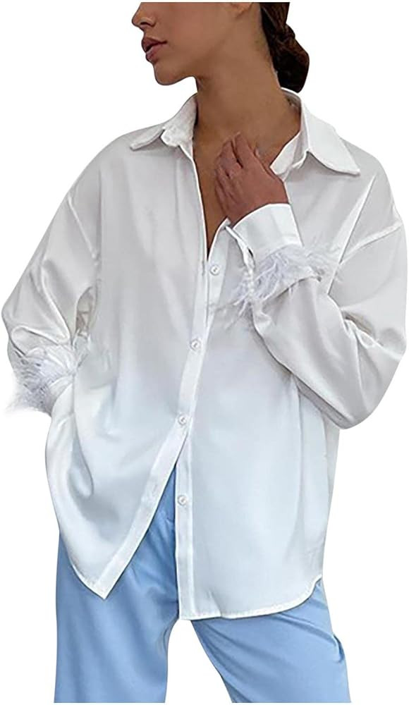 Women Long Feather Sleeve Satin V Neck Blouse Fashion Loose Top Shirt Harajuku Streetwear | Amazon (US)
