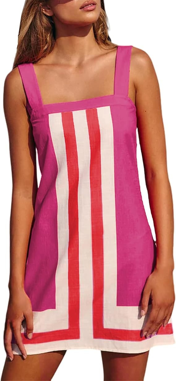 Fiona Jolin Women's Striped Mini Dress Boho Shoulder Strap Sundress Summer Cover Up Dress for Bea... | Amazon (US)