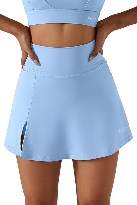 QINSEN Women's Tennis Skirts Stretch High Waisted Golf Skorts Running Sports Workout Activewear | Amazon (US)