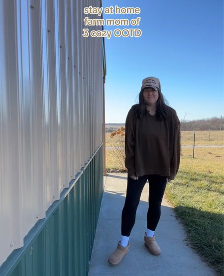 Casual stay at home farm mom for check. Loveeee this waffle oversized crewneck, Amazon leggings, crew socks, Etsy rowdy trucker hat, faux mini suede uggs. 

Casual mom outfit, lounge outfit, mom style 

#LTKfindsunder50 #LTKstyletip #LTKsalealert