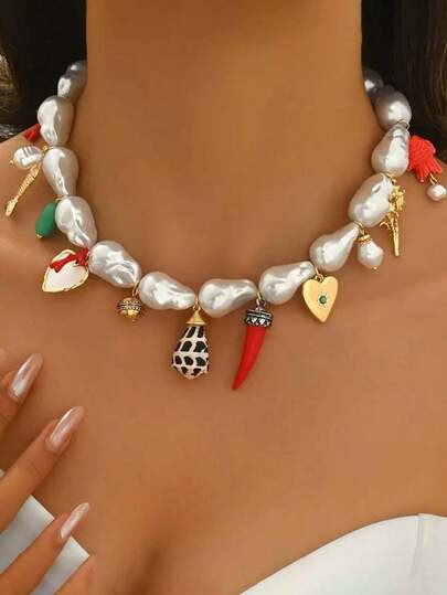 1pc Fashion Faux Pearl New Style Marine Life Heart Chili Necklace For Women, Party, Gathering, Summer Vacation, Beach, Street Style, Wedding, Versatile Jewelry Necklace - Size one-size | SHEIN