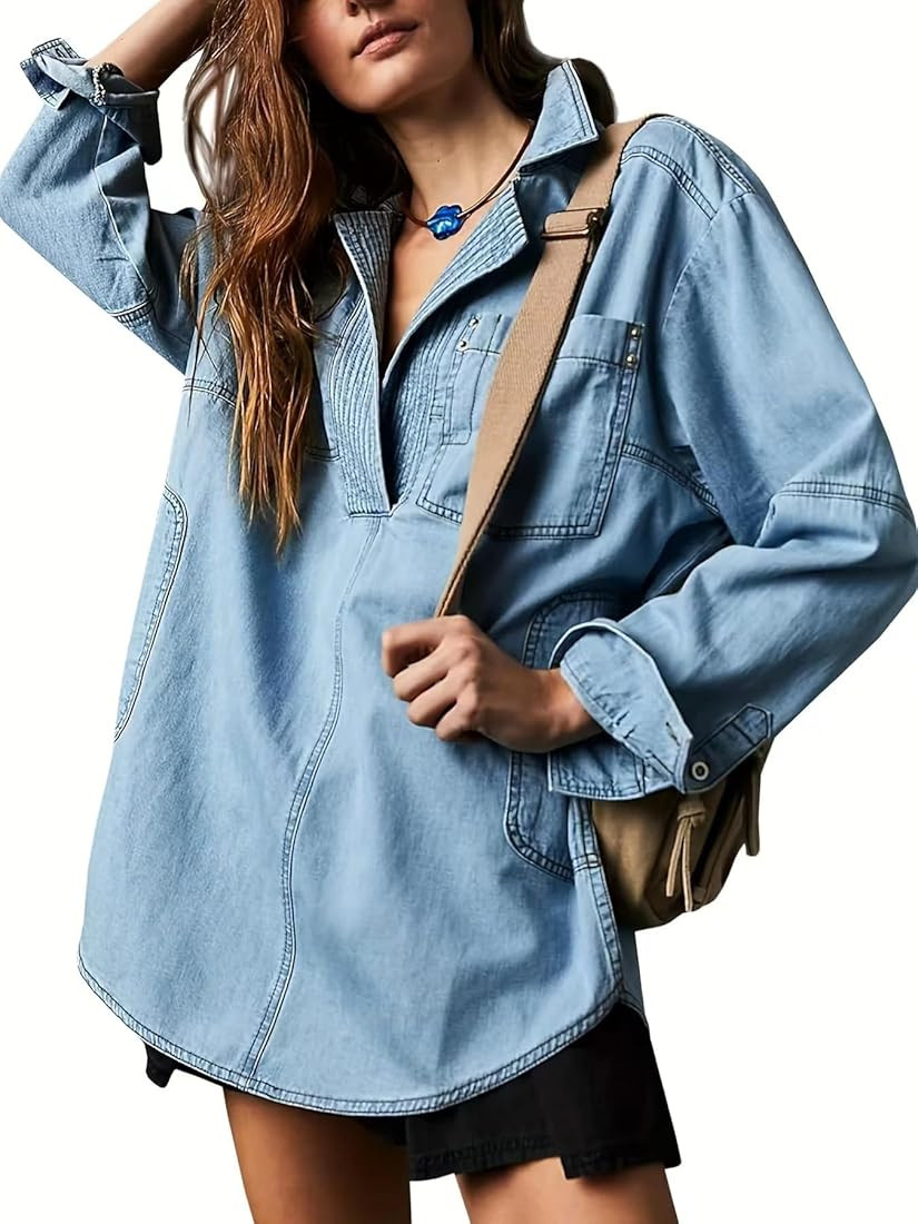 yoeasy Women's Denim Pullover Oversized V Neck Jean Shirt Loose Fit Long Sleeve Denim Jacket With... | Amazon (US)