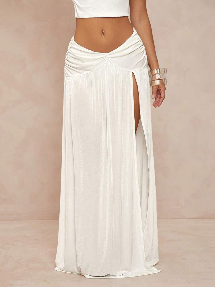Lumalex Spring Outing Summer Swimsuit Swimwear Swim Vacation Easter Bohemian BOHO Sea Beach Hot Outdoor Richly Layered Wedding Season Banquet Coming Of Age Ceremony Beach Seaside Women's Inverted V Waist Ruched High Slit Skirt White Dresses For Women Women Long Dresses | SHEIN