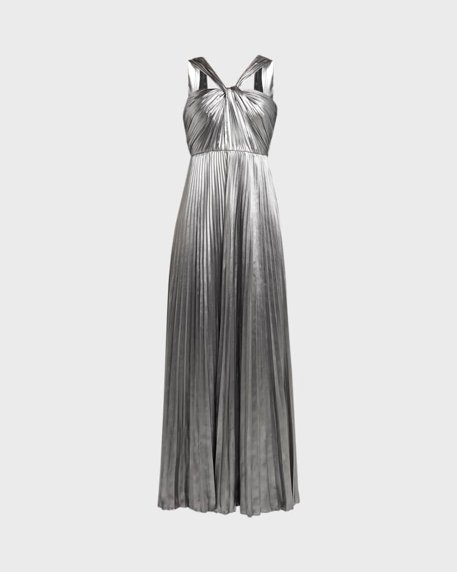 Zoe Pleated Metallic Halter Gown | Neiman Marcus