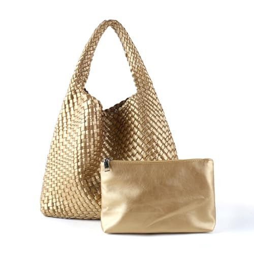 SLHFPX Handmade Woven Bag Tote Bag For Women Vegan Leather Underarm Bag Travel Shoulder Bag Handbag Satchel Beach Bag With Purses Gold, 14.25*4.8*12.25 inch, 2405013--9389-026 | Amazon (US)