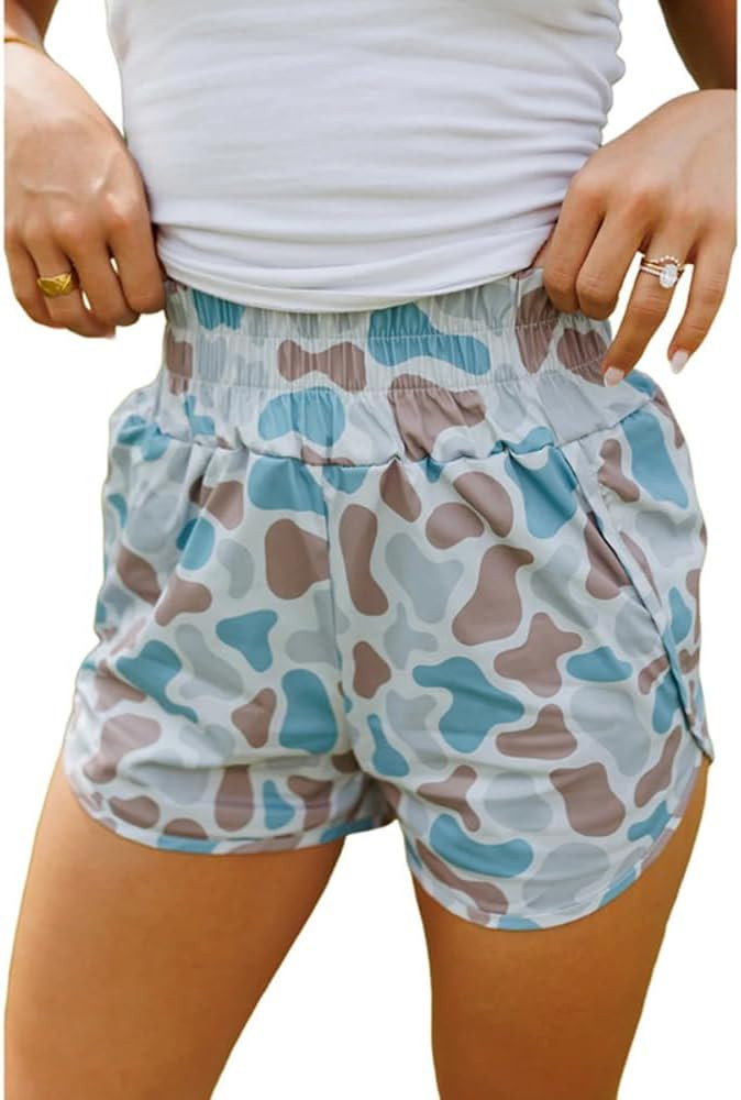 Apvirdy Women's Camo Shorts Graphic Print Curved Hem Wide Elastic High Waisted Shorts Casual Stra... | Amazon (US)