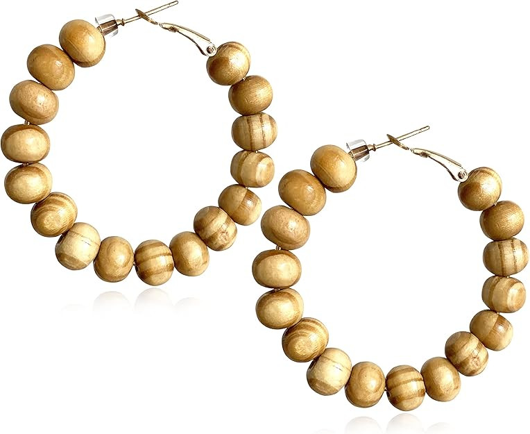 Handmade Nature Wooden Beaded Hoop Earrings Bohemian Minimalist Colorful Circle Round Wood Bead E... | Amazon (US)