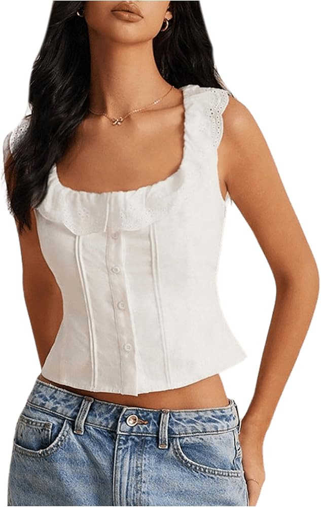 SOLY HUX Women's Button Front Ruffle Scoop Neck Sleeveless Crop Tops Summer Blouse | Amazon (US)