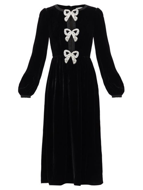 Saloni - Camille Crystal-bow Velvet Midi Dress - Womens - Black | Matches (US)