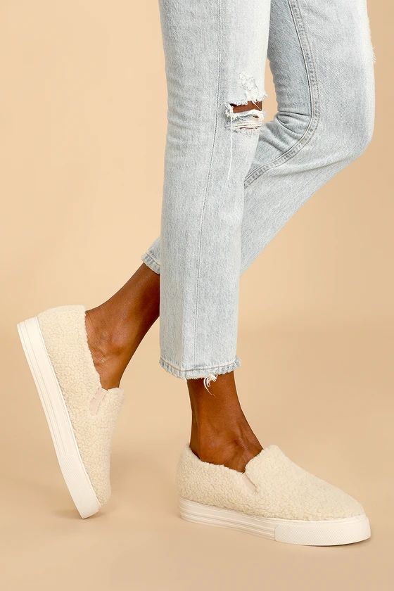 Your Move Natural Shearling Platform Slip-On Sneakers | Lulus (US)