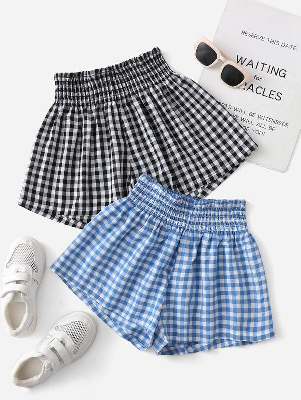 SHEIN Girls 2pcs Gingham Print Shorts | SHEIN