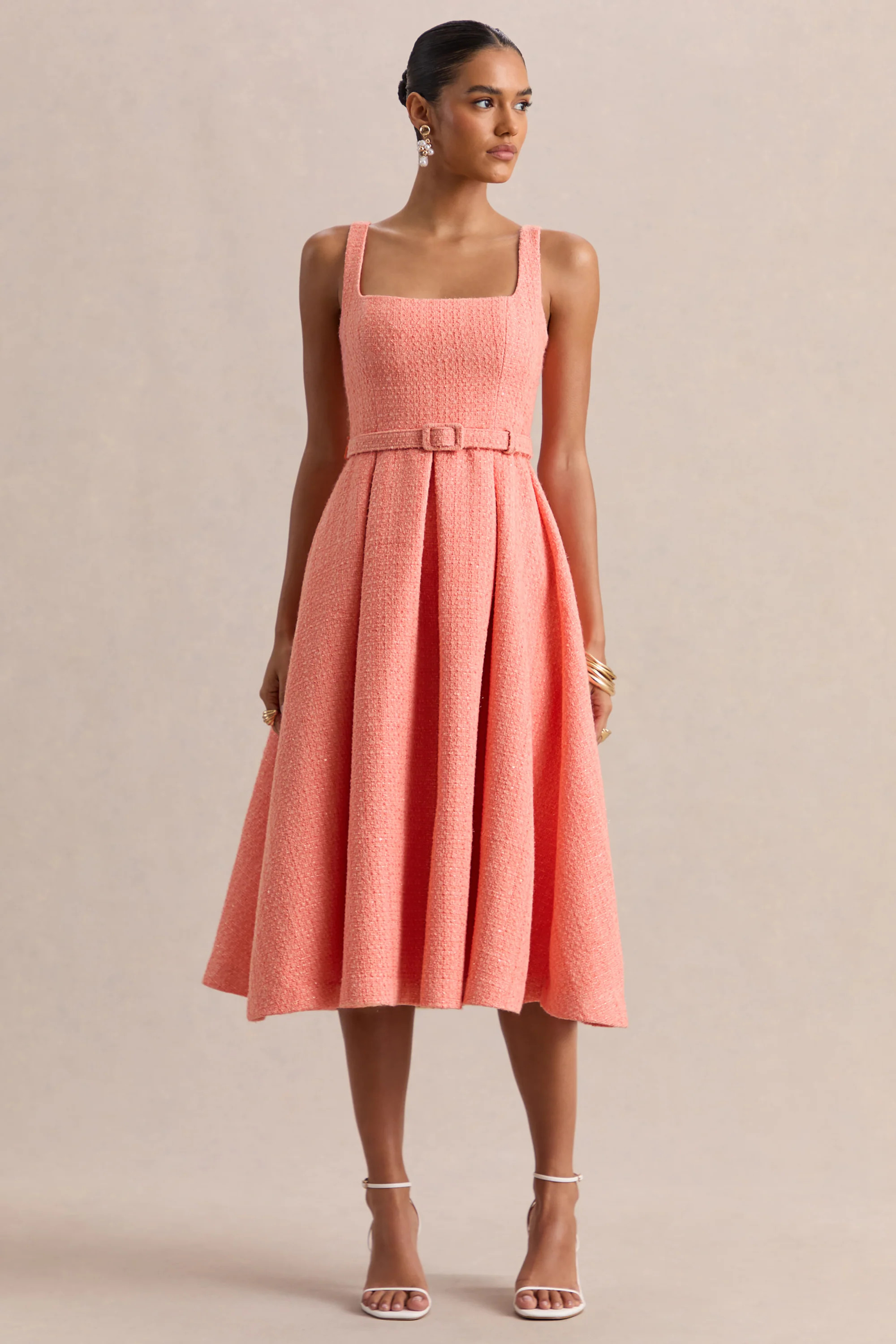 Camoria | Coral Boucle Square-Neck Midi Dress | Club L London